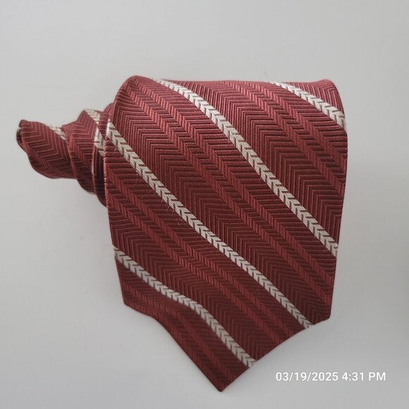 FERUCCI SILK Tie HAND TAILORED Brick RED White Striped Textured - Picture 1 of 5